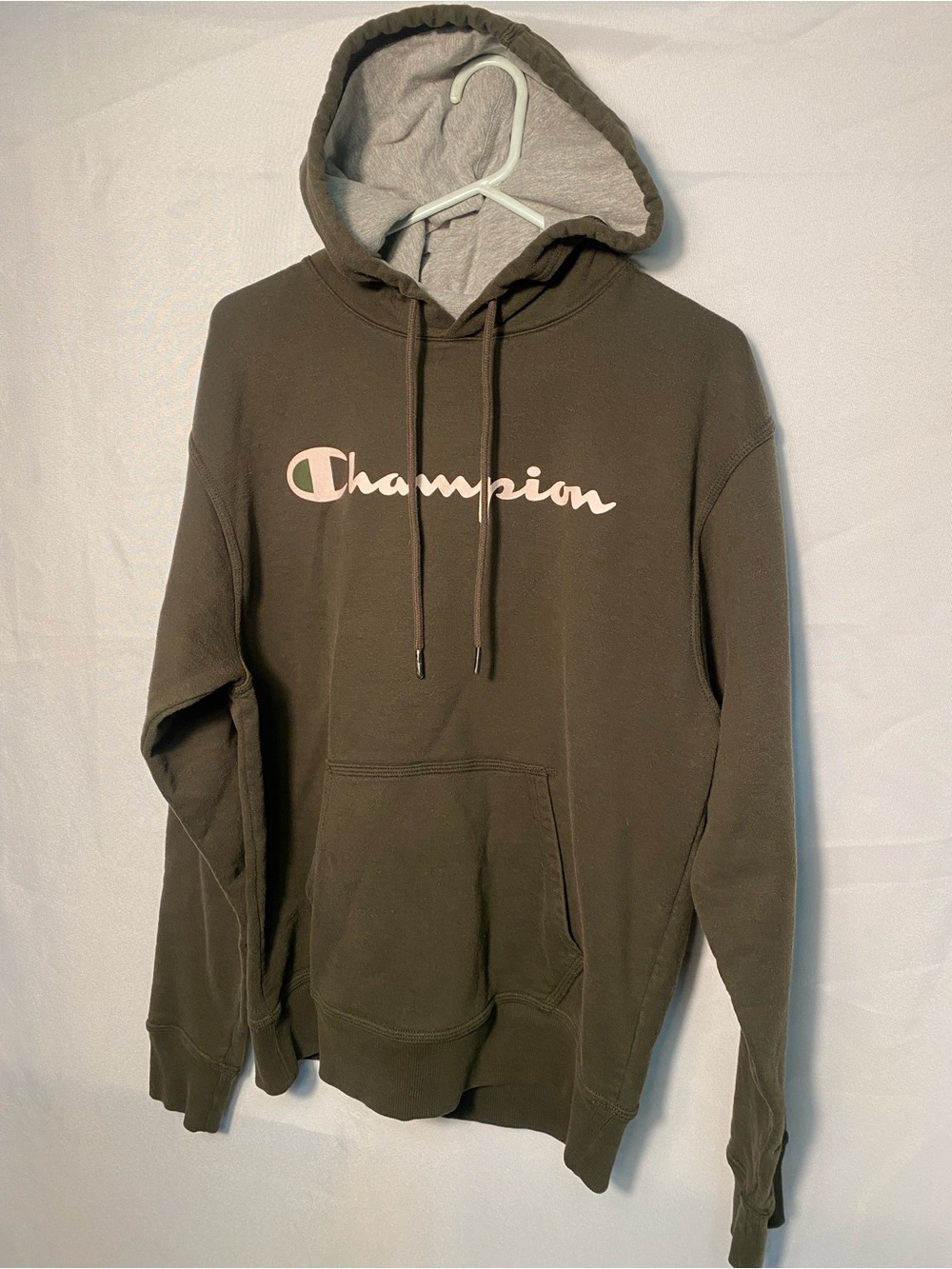 Champion Men's Olive Green Crewneck Hoodie with Light Pink Logo